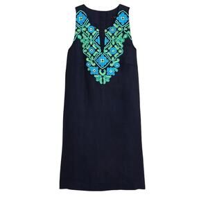 J Crew Linen Shift Dress Sleeveless Embroidered Mini Navy Blue Petite Womens SP